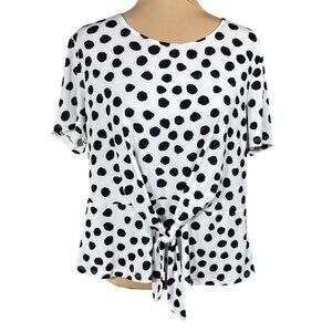 Kasper Blouse Top Black White Dot Size L Large Front Tie Knot
